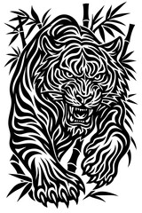 Roaring Tiger with Bamboo – Black and White Vector Illustration in Bold Line Art
