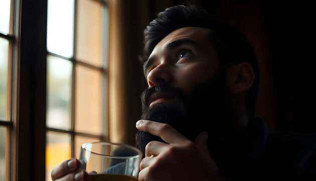 Moody image of a bearded man with a short beard, gazing up pensively, glass held loosely
