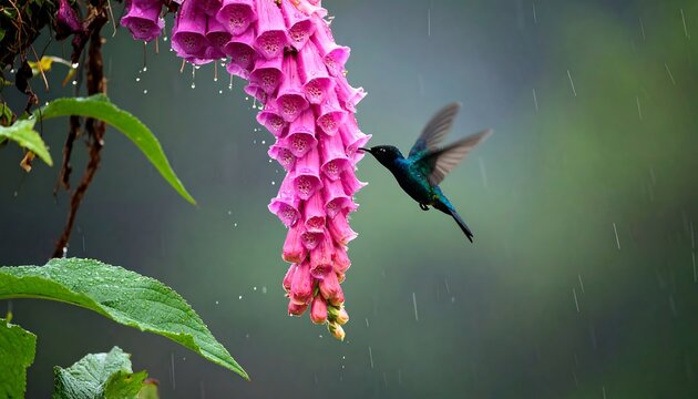 Hummingbird drinks nectar from a flower in the rain