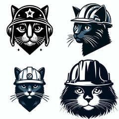 Obraz premium Russian Blue Cat head with engineer helmet. Construction Site Civil Engineering Safety Surveying Clipart Line Art Vector Illustration. Feline headwear project gray breed hard hat gear.