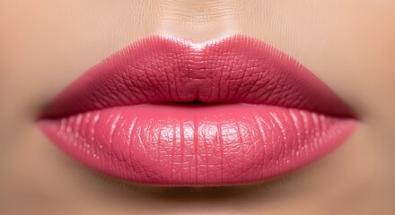 Close-up of beautiful pink lips with shiny gloss