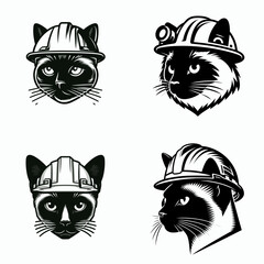 Obraz premium Siamese Cat head with engineer helmet. Construction Site Civil Engineering Safety Surveying Clipart Line Art Vector Illustration. Feline face of thai type hardhat builder headgear mechanic.