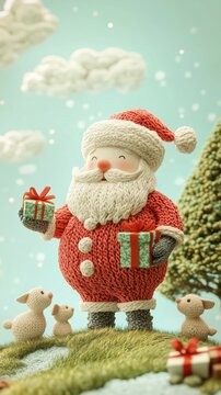 A miniature happy Santa Claus with gifts surrounded by Christmas trees. Vertical image.
