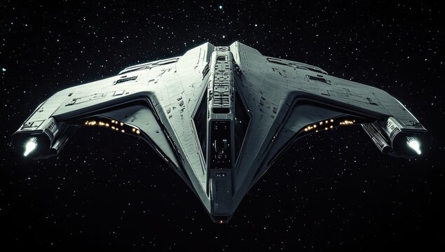 A Star Trek Enterprise NX soars through the blackness of space, illuminated by its engine glow against an endless expanse of stars