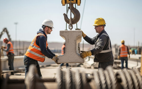 Workers in hard hats guide a massive concrete element suspended by a crane at a construction site, coordinating its placement with precision and teamwork.