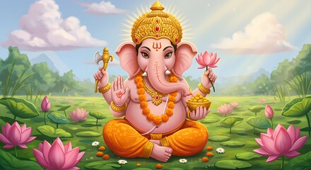 Whimsical Pink Ganesha in a Lotus Garden