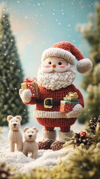 A miniature Santa Claus with gifts stands in the snow surrounded by Christmas trees. Vertical image.