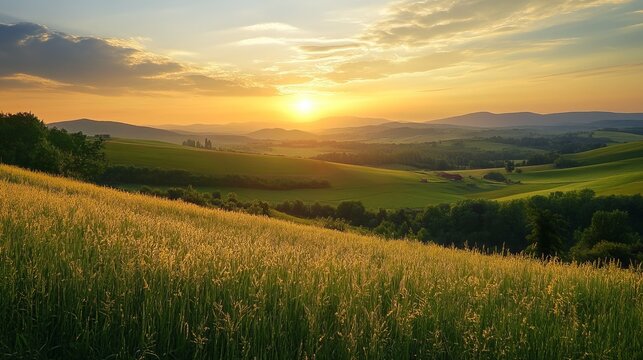 Golden sunset over rolling green hills and fields