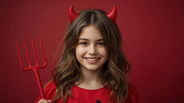 Young girl with red devil horns and trident smiles against a red backdrop