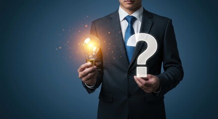 Man in suit holds lit bulb and question mark against blue background.