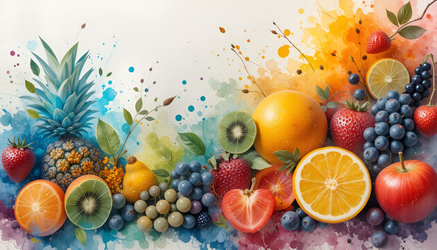 Vibrant watercolor splash showcases a bountiful selection of fresh, juicy fruits perfect for healthy lifestyle themes - Powered by Adobe