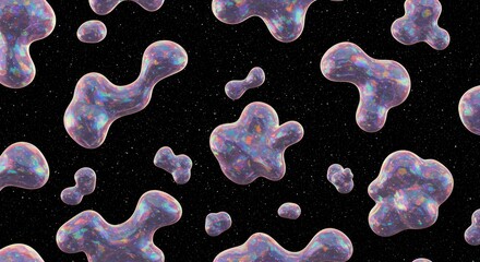 Abstract purple blobs or shapes on a black background with small white dots.