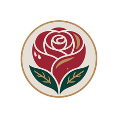 An elegant red rose flower with leaves in a circular badge, a simple and beautiful nature logo vector illustration design,