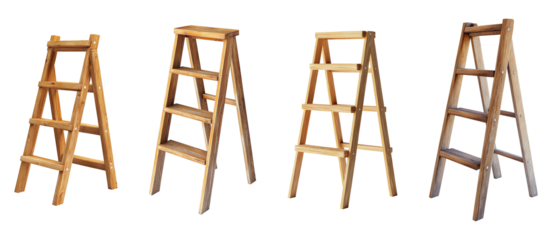 Collection of old wooden stairs isolated on transparent background. PNG