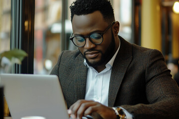 Generative AI image Person Working with Laptop in Cozy Cafe Cafeteria Setting