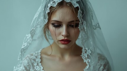 Woman with lace veil and dramatic makeup showing tears on her face Bride