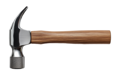 Professional hammer with wooden handle and steel head isolated on transparent background