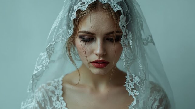 Woman with lace veil and dramatic makeup showing tears on her face Bride