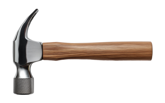 Professional hammer with wooden handle and steel head isolated on transparent background