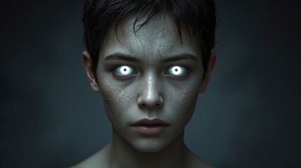 Young person's face with glowing white eyes and cracked skin texture portrait