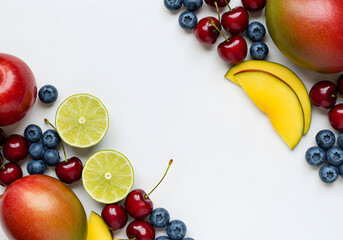 Vibrant assortment of fresh fruit including mango, cherries, blueberries, apple, and lime creating a visually appealing and healthy composition for summer recipes and wholesome lifestyle content