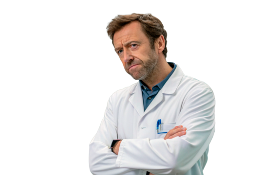 A dentist with a sour expression. Exasperation. Doctor. Suspicion. Suspiciousness.