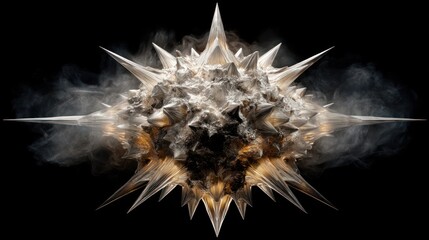 Spiky orb with hazy smoke surrounding it against a dark background, abstract & intriguing
