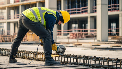Construction worker cutting heavy metal rebar with a power saw on an active construction site, fully equipped with hard hat, gloves, and bright reflective safety vest under daylight conditions.