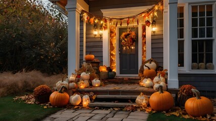 Obraz premium Autumn house porch decorated with pumpkins and fairy lights, cozy fall decor