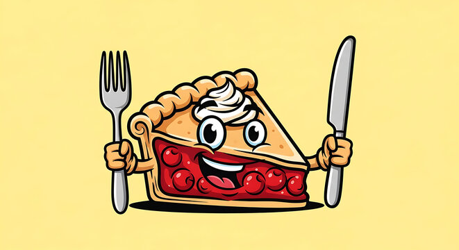 Animated pie slice with a smiling face holding a fork and knife. - Powered by Adobe