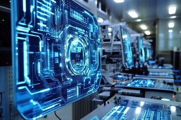 Futuristic, glowing circuit board displays in a clean, modern manufacturing setting