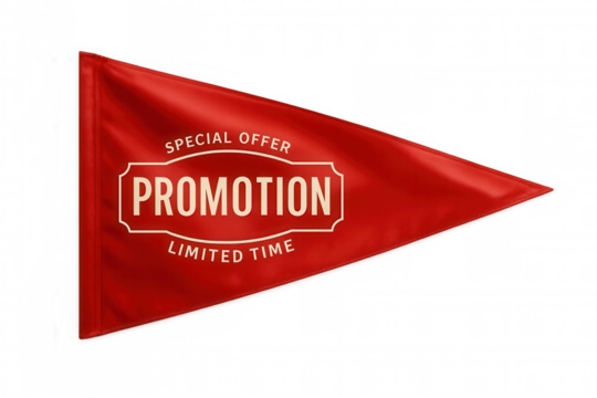 Red pennant waving with promotion message for special offer and limited time, isolated on transparent background