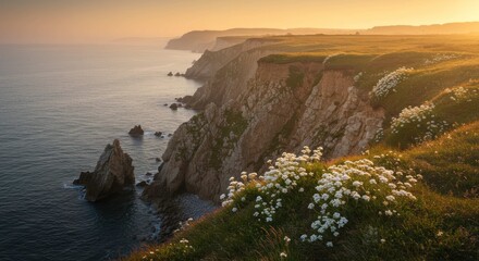 Rocky coastline with vegetation meets the ocean under a warm sunset light.