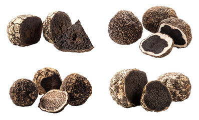 A collection of cross-sections of gourmet black truffles isolated on a transparent background. PNG