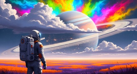 An traveler stands in a vivid dreamlike landscape and gazes at a massive glowing planet with colorful swirling rings in the sky , digital art style, illustration painting