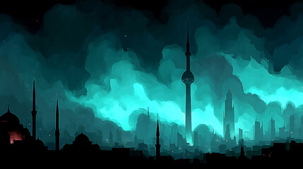 Abstract city skyline with towering spires and a glowing atmosphere at night