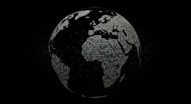 Globe with continents and oceans in dark setting.