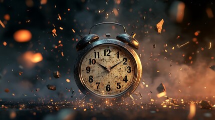 An evocative photo of a vintage alarm clock breaking into pieces symbolizing the passage of time