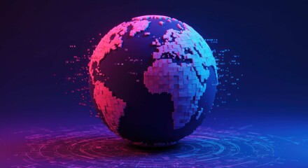 Globe illuminated with pink and blue light on a textured surface.