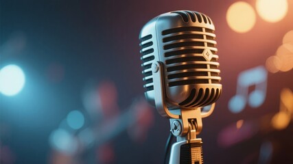 Vintage Microphone on Stage with Musical Notes and Spotlights