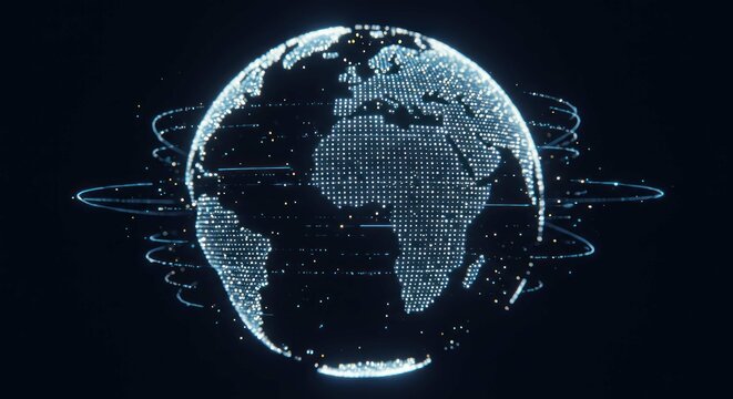 Digital globe with glowing dots and rings on a dark background. - Powered by Adobe