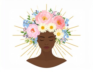 Female silhouette with floral crown, representing confidence, ambition, and leadership. Generated image