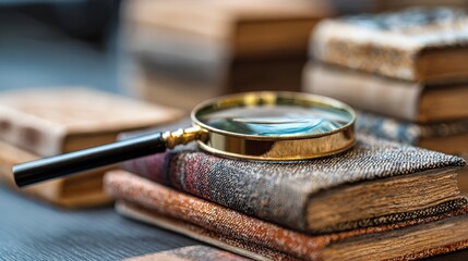 Fototapeta premium Close-up of vintage magnifying glass resting on old hardcover books with a blurred background of additional books and reading materials