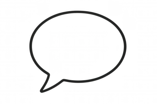 Speech bubble icon in black linear design, symbolizing interpersonal communication on clear transparent backdrop