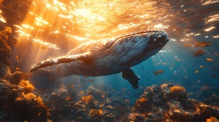 Majestic Humpback Whale Gliding Through Ethereal Golden Sunbeams Above a Vibrant Reef.