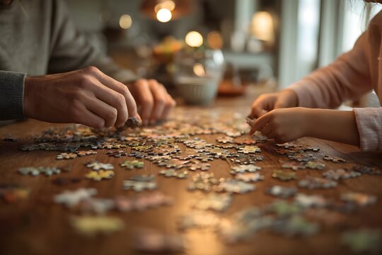 Two hands assembling a colorful jigsaw puzzle on a wooden table. - Powered by Adobe