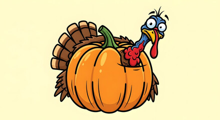 A cartoon turkey humorously peeking out of a large orange pumpkin.