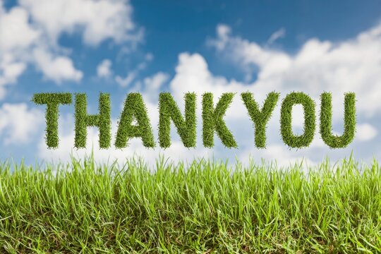 THANK YOU spelled in grass texture over a grassy ground set against a cloudy sky backdrop - Powered by Adobe