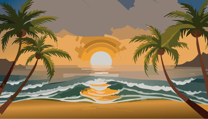 Obraz premium Tropical beach sunset with umbrellas and deck chairs by the sea