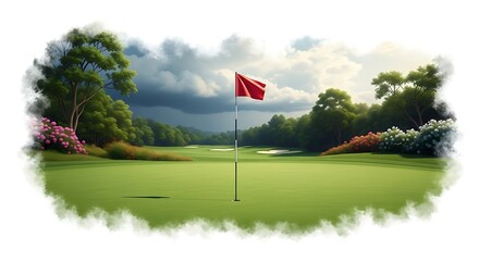 A golf course with a red flag on the green, isolated on white background
